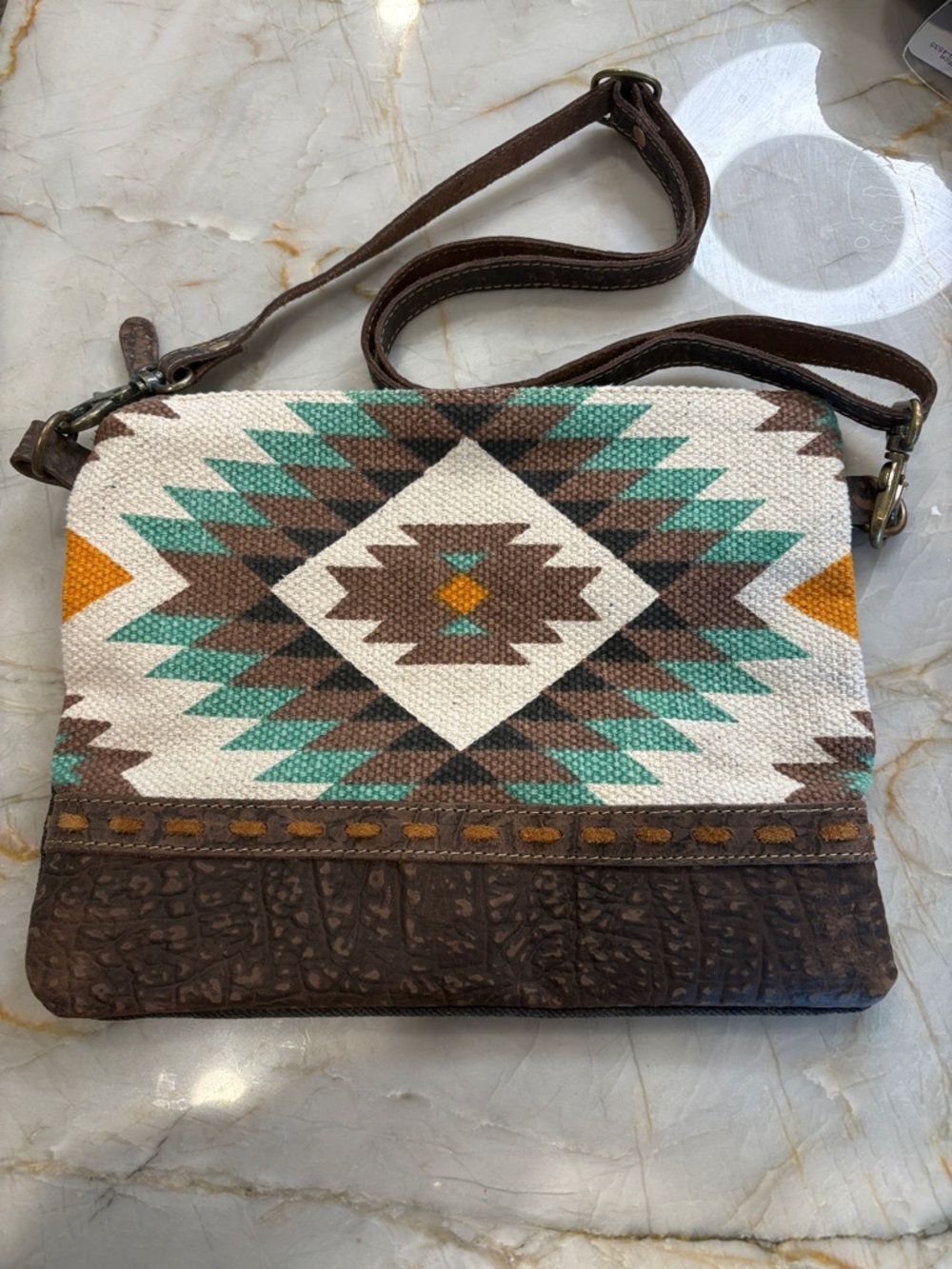 Boho Aztec Crossbody Bag in Turquoise & Brown